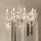 White crystal 15-arm French chandelier with K9 glass arms and hanging pendants, candle-style lights.