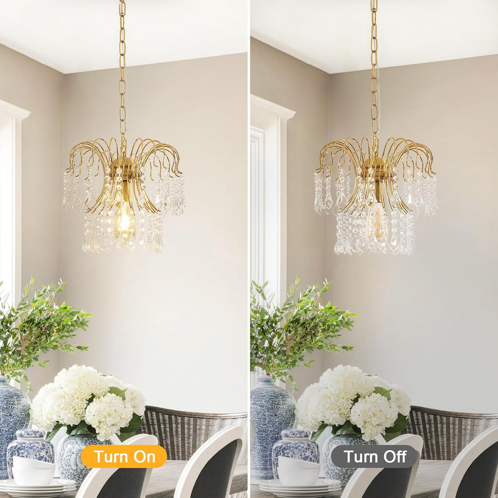 Side-by-side view of Maison Ornate Modern Crystal Water Drop Gold E27 Chandelier, lit and unlit.