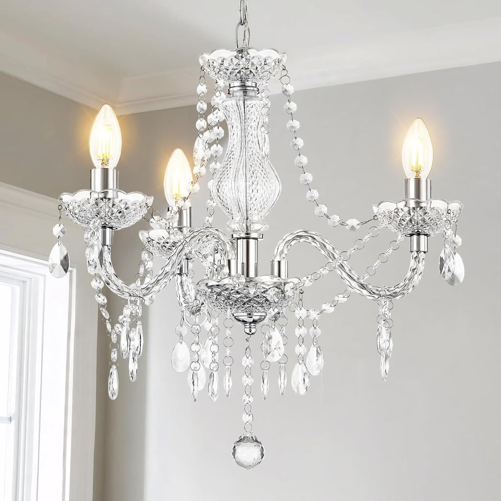 Maison Ornate 3-Light chandelier with adjustable arms, white acrylic frame, sparkling crystal accents.