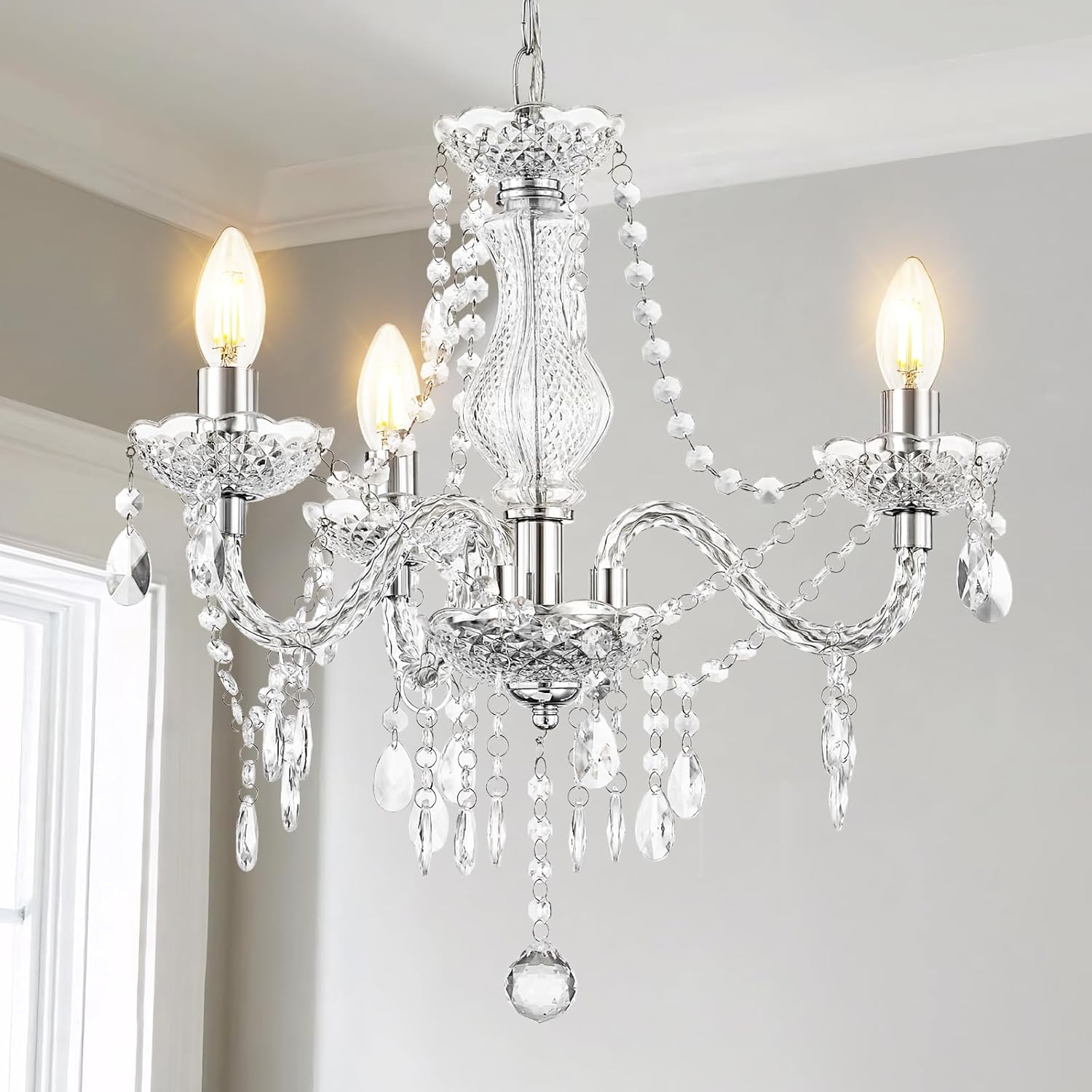 GyroVu Modern Living Room Chandelier - 3 Lights Crystal Miniature with Adjustable Chain, Versatile Acrylic Ceiling Light for Dining Room/Bedroom/Living Room