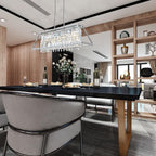 Maison Ornate Modern Rectangular Chrome Crystal Chandelier with K9 pendants, elegantly suspended overhead.