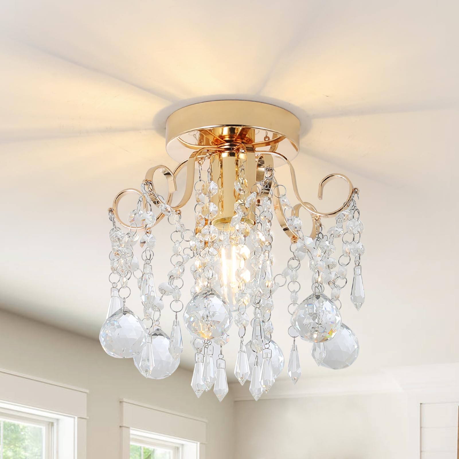 Maison Ornate Modern Crystal Ball Chandelier with K9 crystals, decorative swirls, E27 socket, warm light.