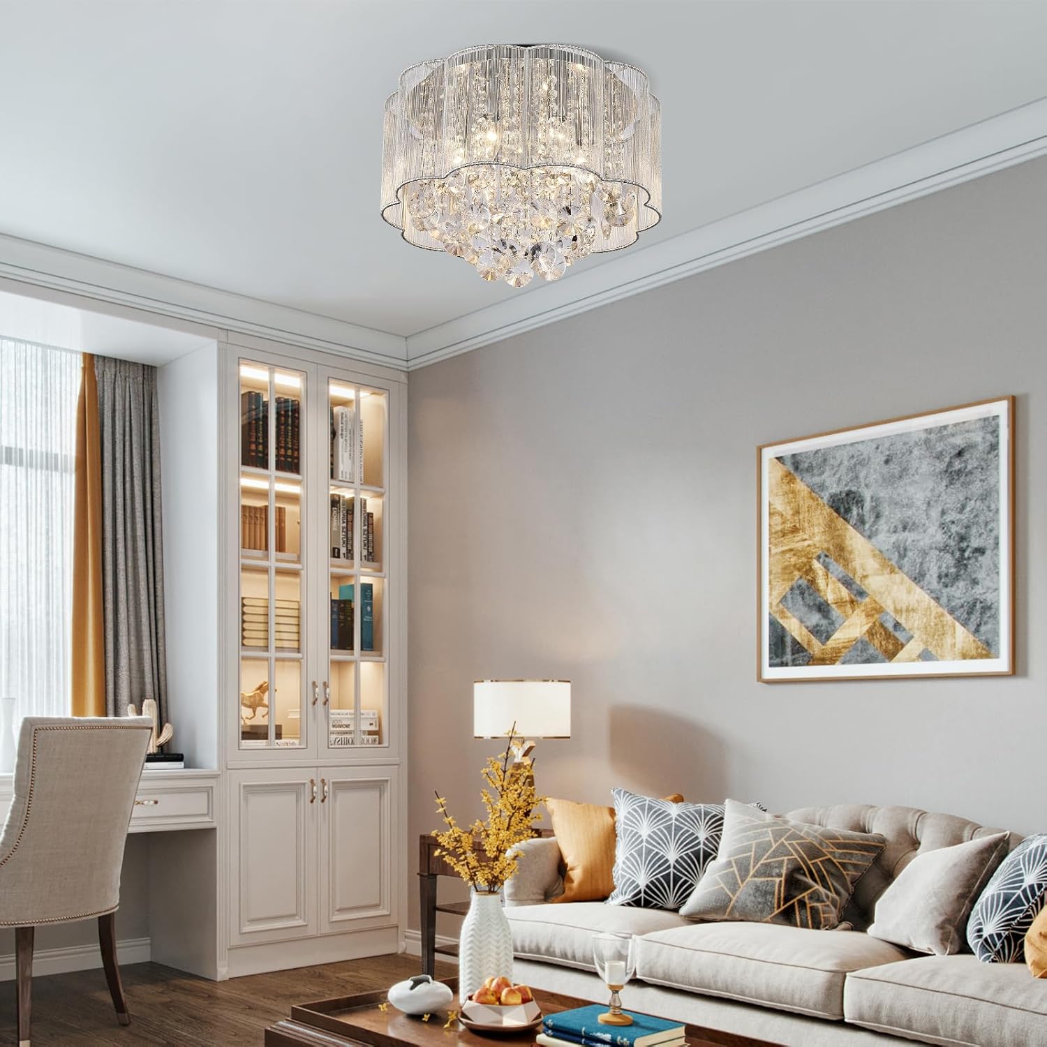 Maison Ornate Modern Round Metal Crystal Hallway Chandelier, elegant circular design with sparkling crystal accents.