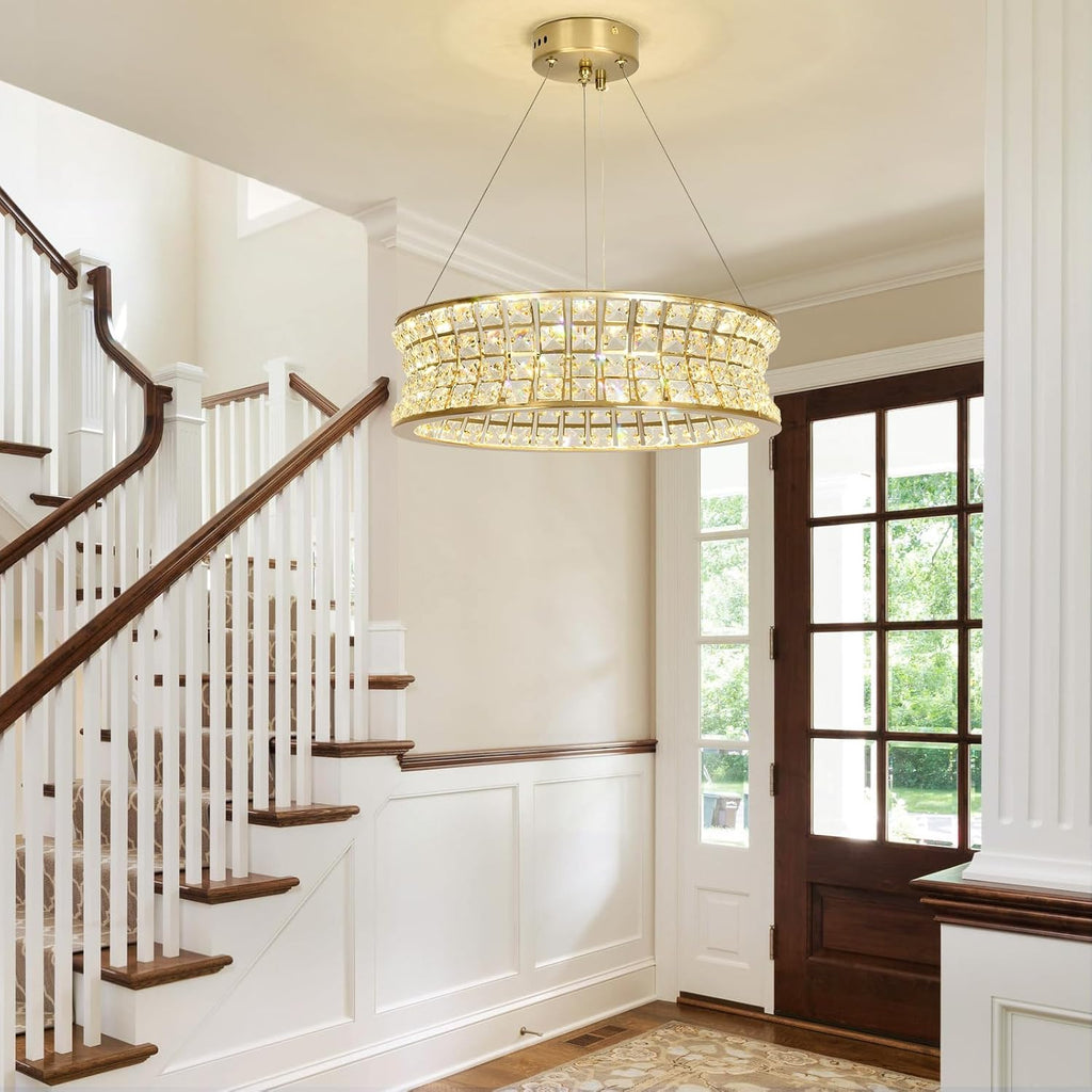 Maison Ornate Modern Gold Adjustable LED Crystal Bedroom Chandelier, featuring gold finish and sparkling crystals.