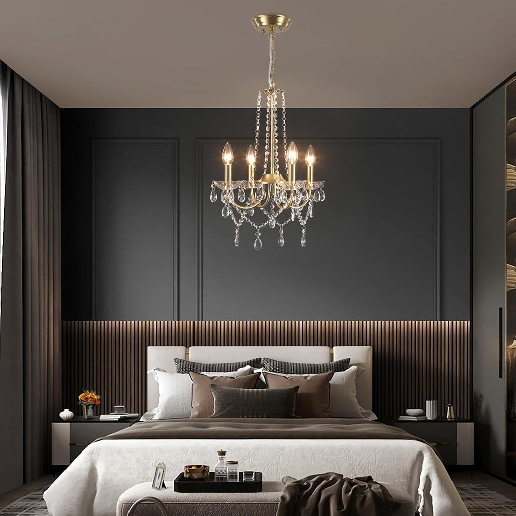 Maison Ornate Adjustable Vintage Style Crystal Bedroom Chandelier featuring crystals and intricate metalwork, suspended elegantly.