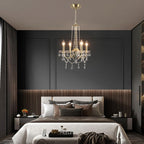 Maison Ornate Adjustable Vintage Style Crystal Bedroom Chandelier featuring crystals and intricate metalwork, suspended elegantly.
