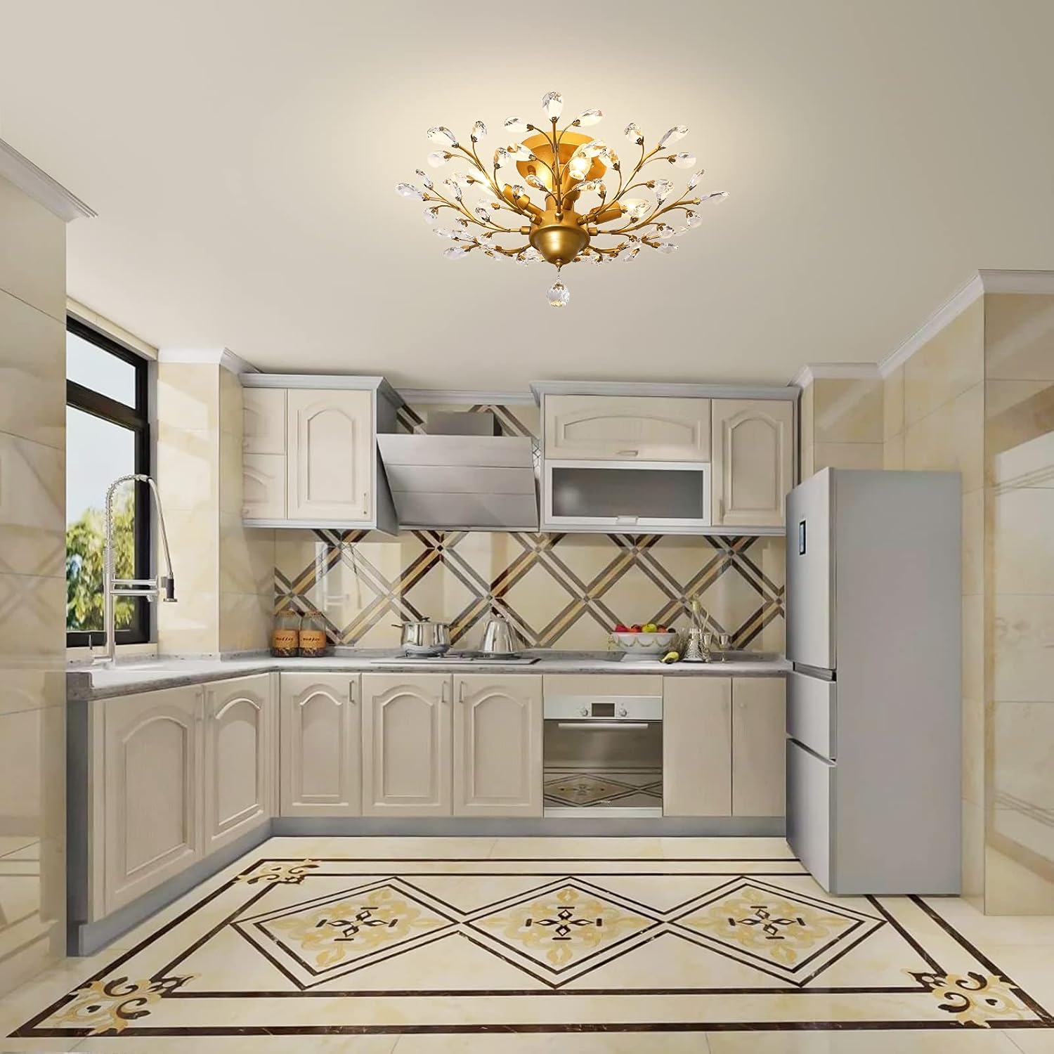 Maison Ornate K9 Crystal Chandelier in gold, black, and silver with vintage detailing and elegant crystal accents.