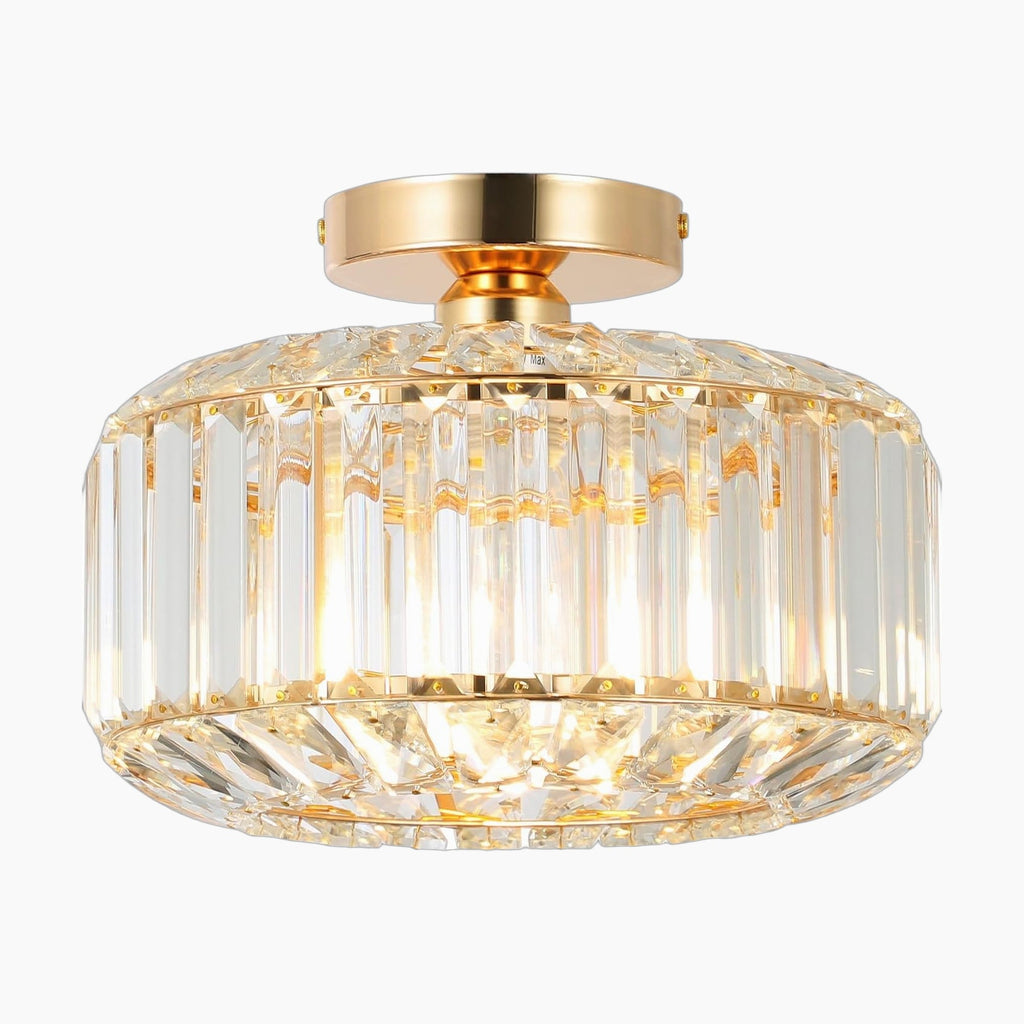 Gold-framed modern crystal chandelier with E27 base and vertical clear crystal cylindrical shade.