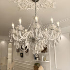 Maison Ornate Modern French white K9 crystal 15-arm chandelier with candle-style bulbs.