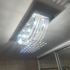 Rectangular ceiling chandelier with rows of K9 crystal beads and glass spheres, chrome finish.