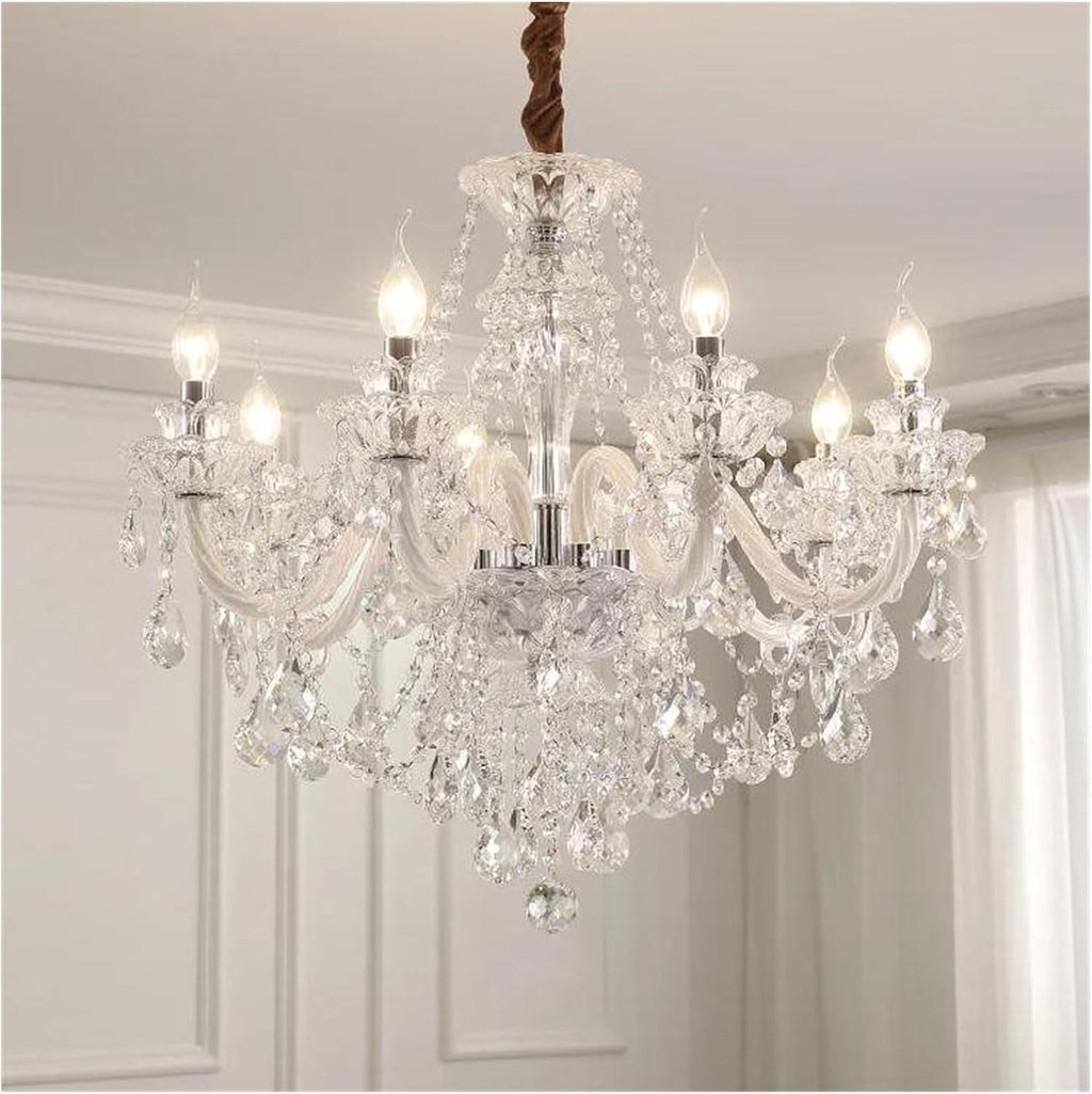 Ornate modern European chandelier with K9 crystals, eight candle bulbs, glass arms, and sparkling pendants.