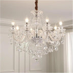 Ornate modern European chandelier with K9 crystals, eight candle bulbs, glass arms, and sparkling pendants.
