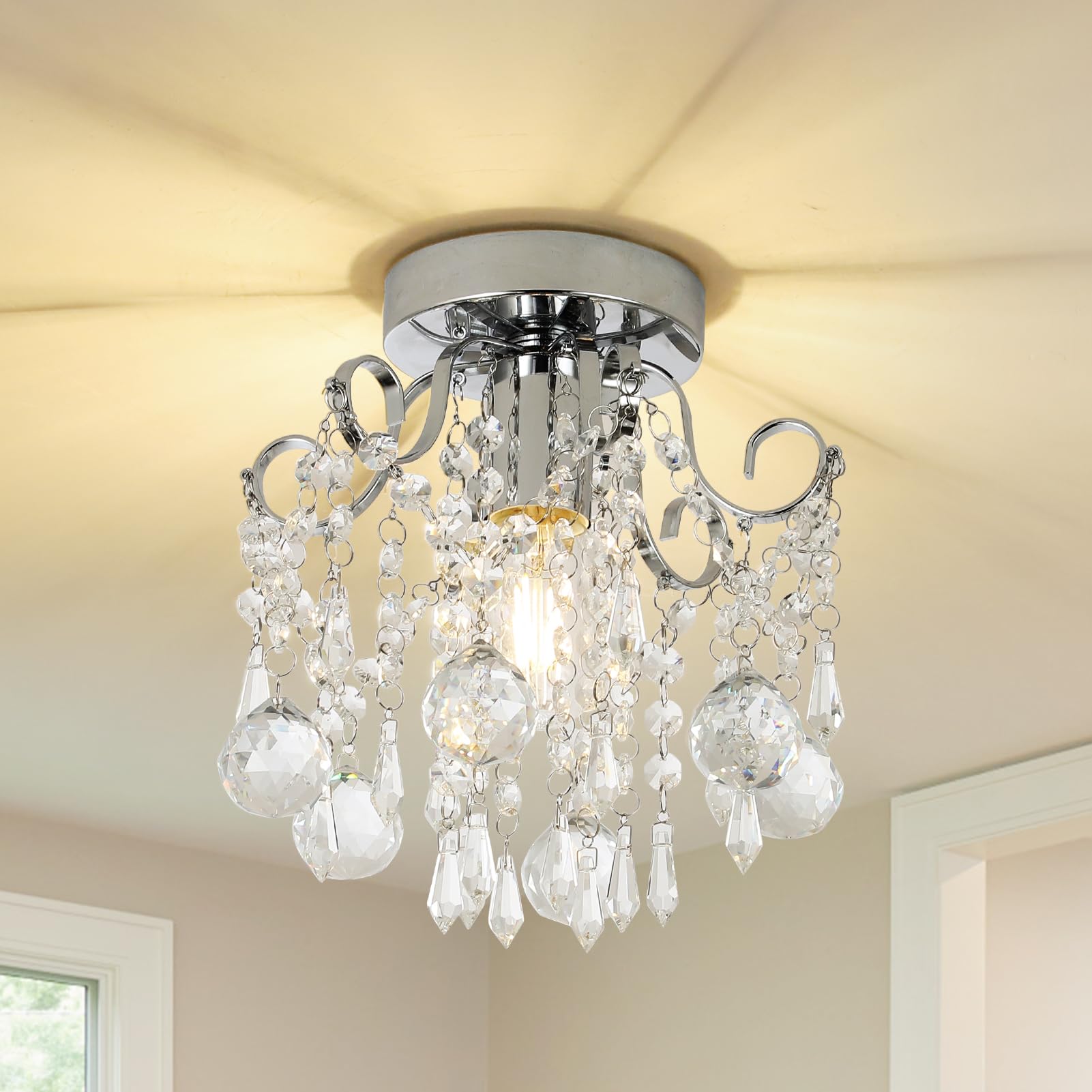 Maison Ornate Modern Crystal Ball Chandelier with chrome base, scrollwork, K9 crystal pendants, E27 illumination.