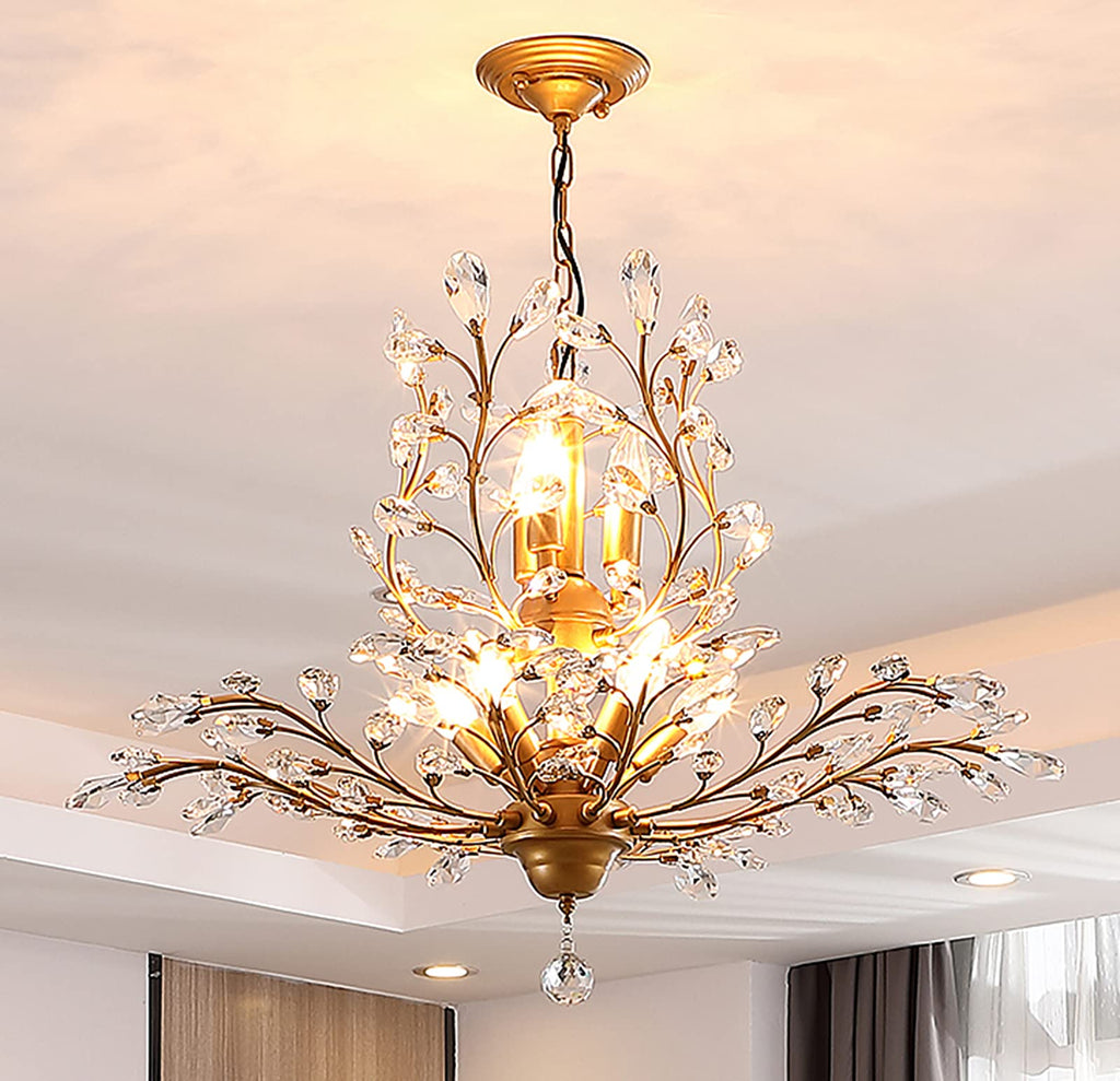 Maison Ornate K9 Crystal Chandelier with gold, black, silver branches and leaf-shaped faceted crystals.