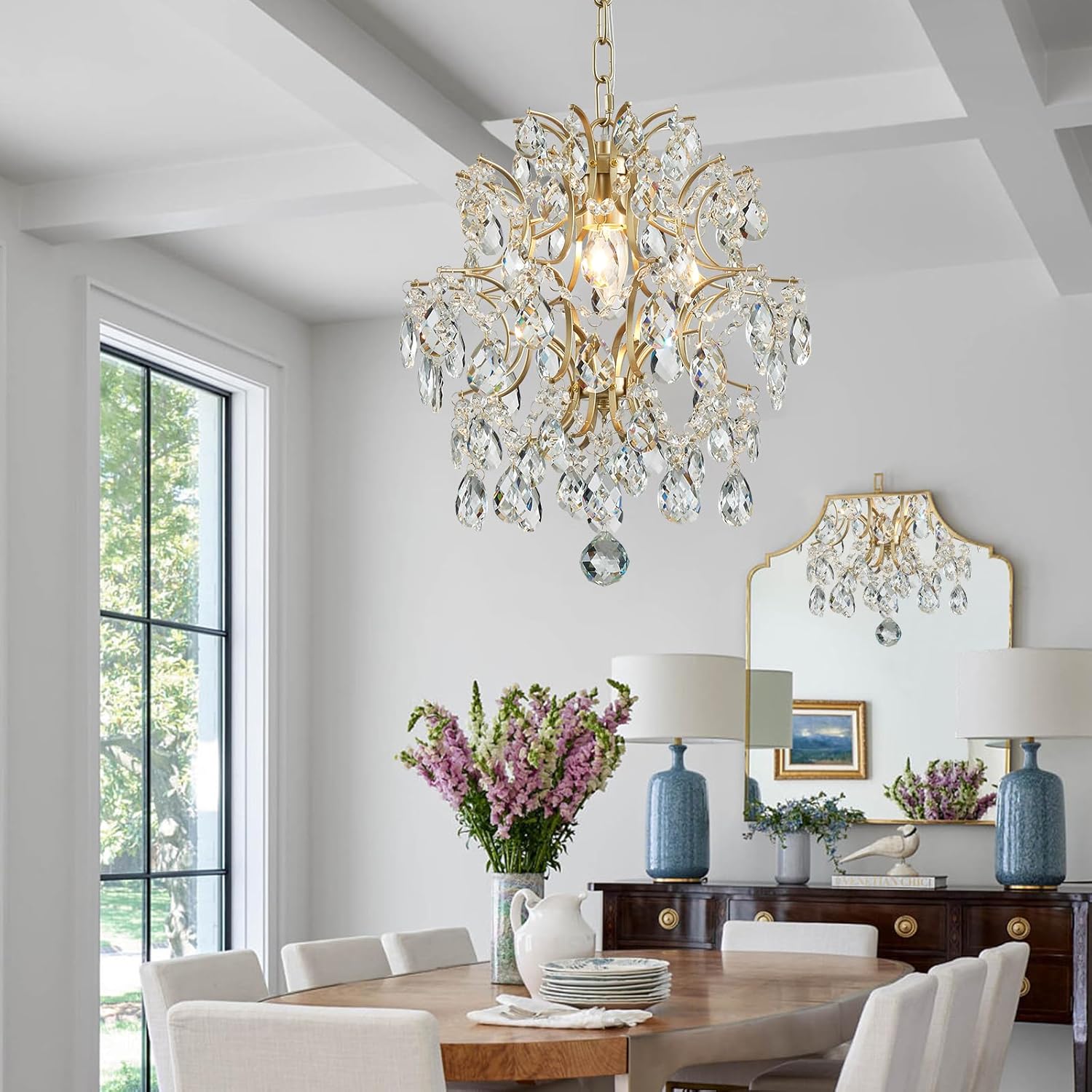 BESTIER Modern gold chandelier crystal raindrops lighting ceiling light dining room bathroom bedroom living room 1 E27 bulb required d32cm x h40cm