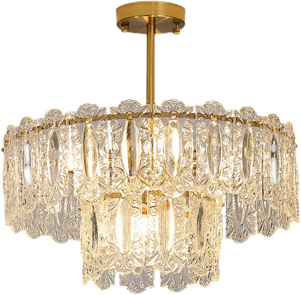 PTLYE Vintage Crystal Nordic School Chandelier Recessed Ceiling Lamp Antique Gold Dining Room Ceiling Lamp Large Clear Glass Beads Coastal Hanging Lighting for Farmhouse Living Room