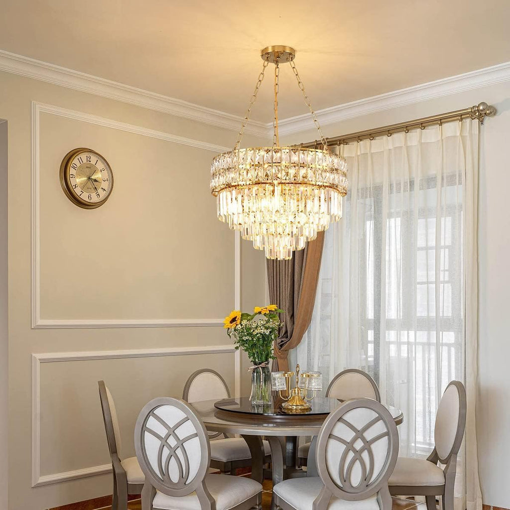 Maison Ornate Golden Lustre Round Crystal Pendant chandelier with intricate gold accents and sparkling crystals.