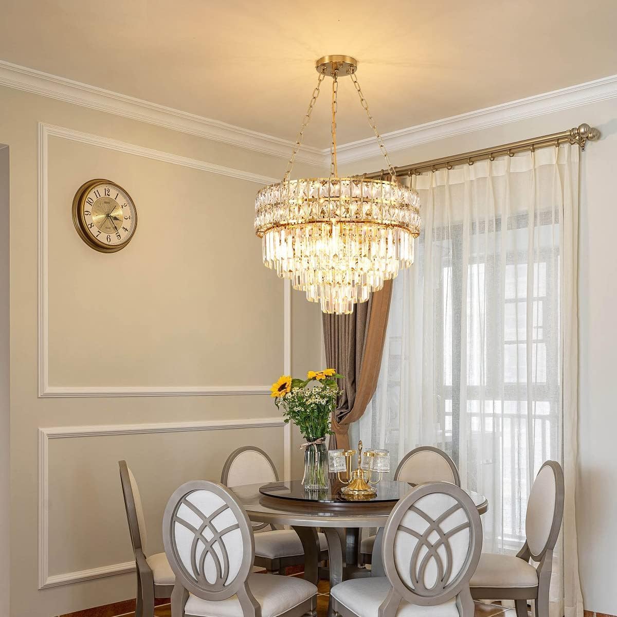 Modern Crystal Chandelier Light Gold Finish Round Crystal Pendant Lamp for Living Room, Dining Room, Restaurant, E14 x 11, Diameter 55 cm (V Shape)