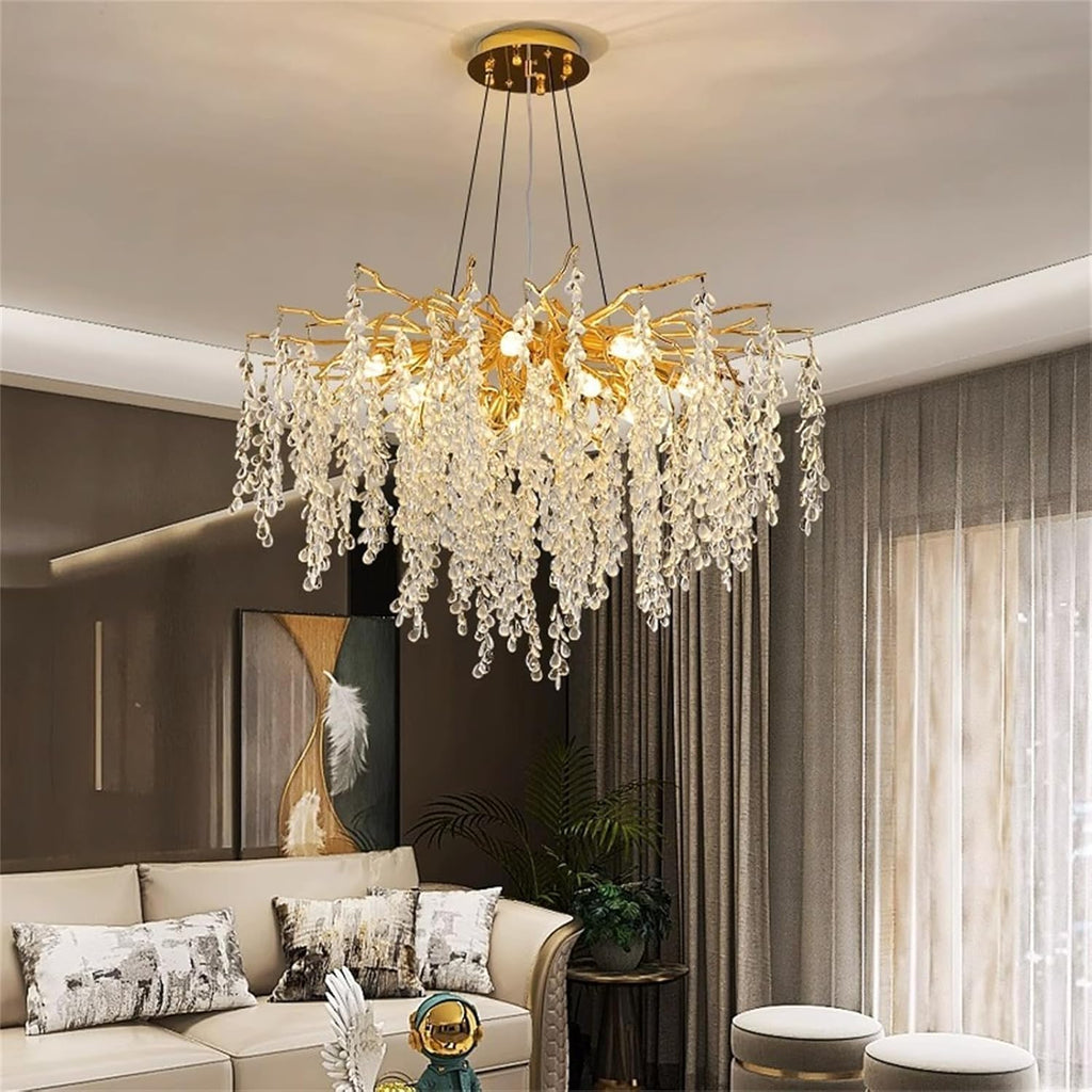 Maison Ornate Modern Crystal Lustre Gold Branch Drop Pendants with cascading crystals, elegant and luxurious chandelier design.