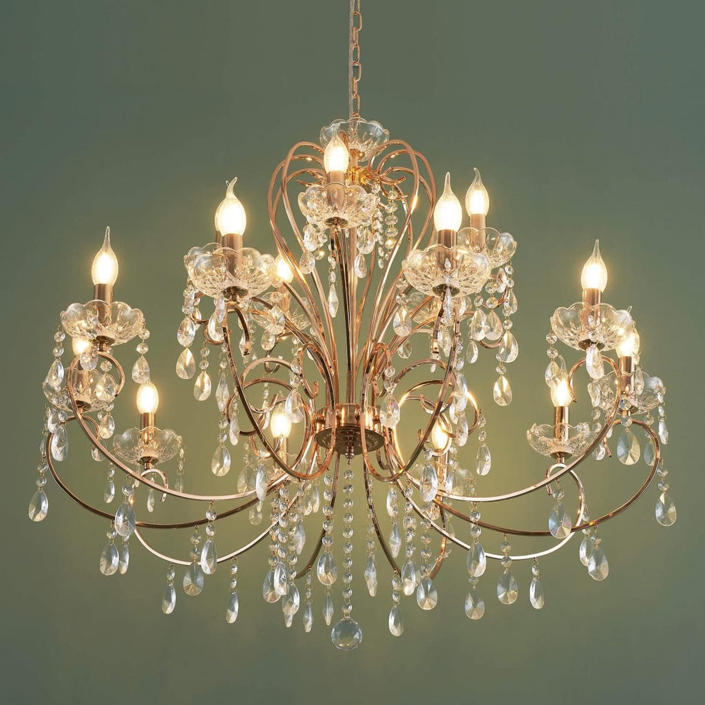 Maison Ornate 15-arm rose gold baroque chandelier with glass droplets and illuminated bulbs.