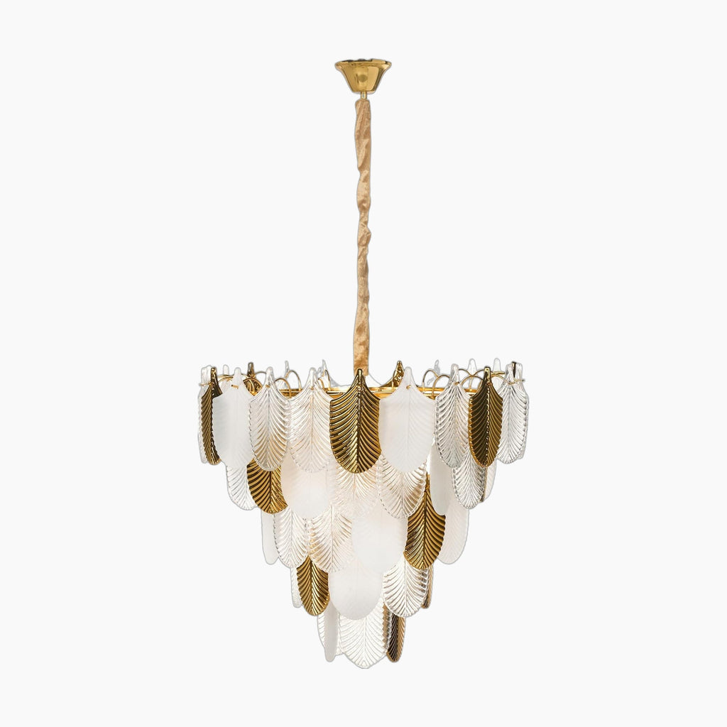 Gold chandelier with 9 lights, clear and gold leaf-shaped crystals, rope-wrapped stem.