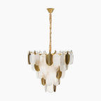 Gold chandelier with 9 lights, clear and gold leaf-shaped crystals, rope-wrapped stem.
