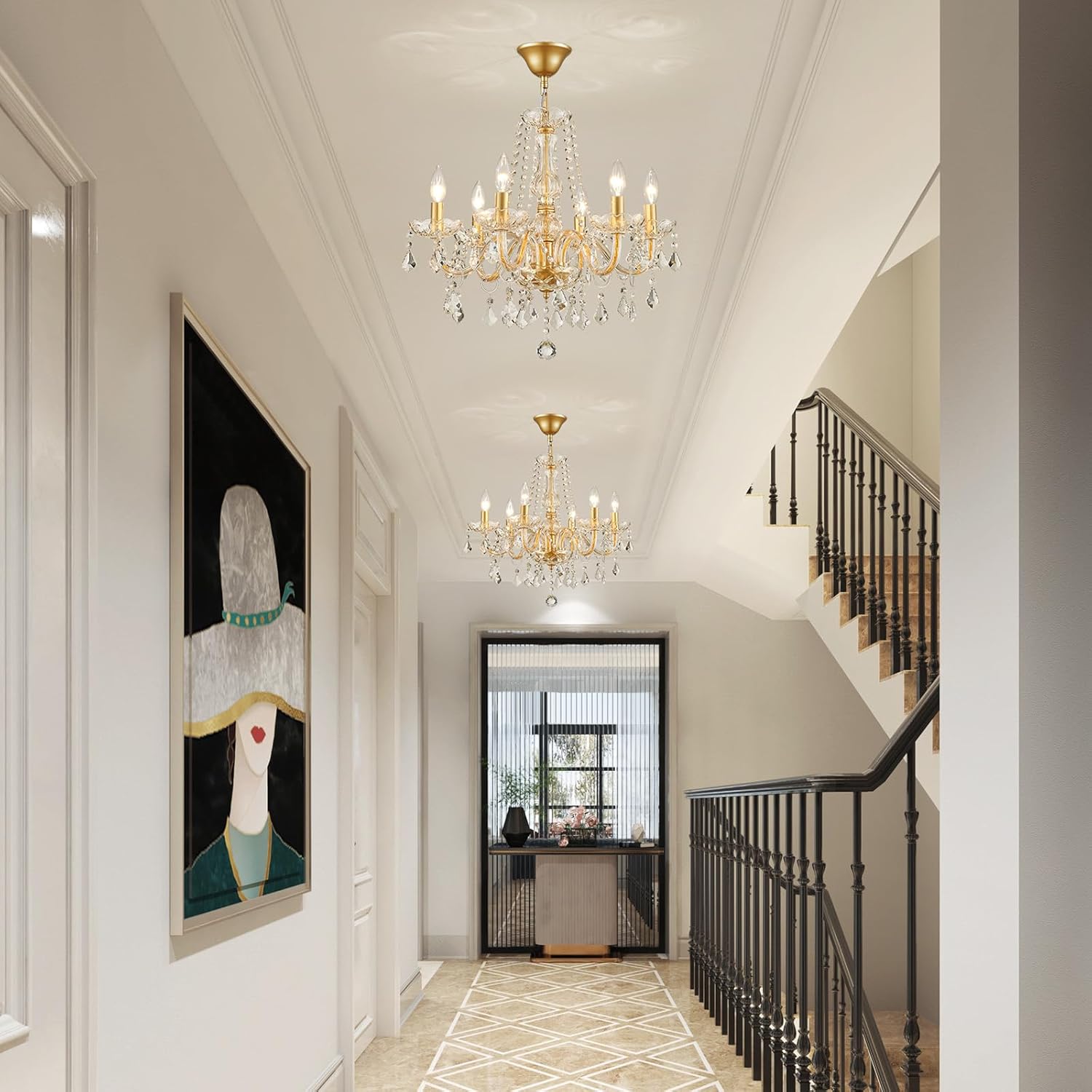 WUZUPS Crystal Candle Chandelier Pendant Light Flush Mount Ceiling Light Modern Light Fixture for Bedroom Entrance Bar Kitchen Bathroom H 68 x L 56 Gold E14 Base