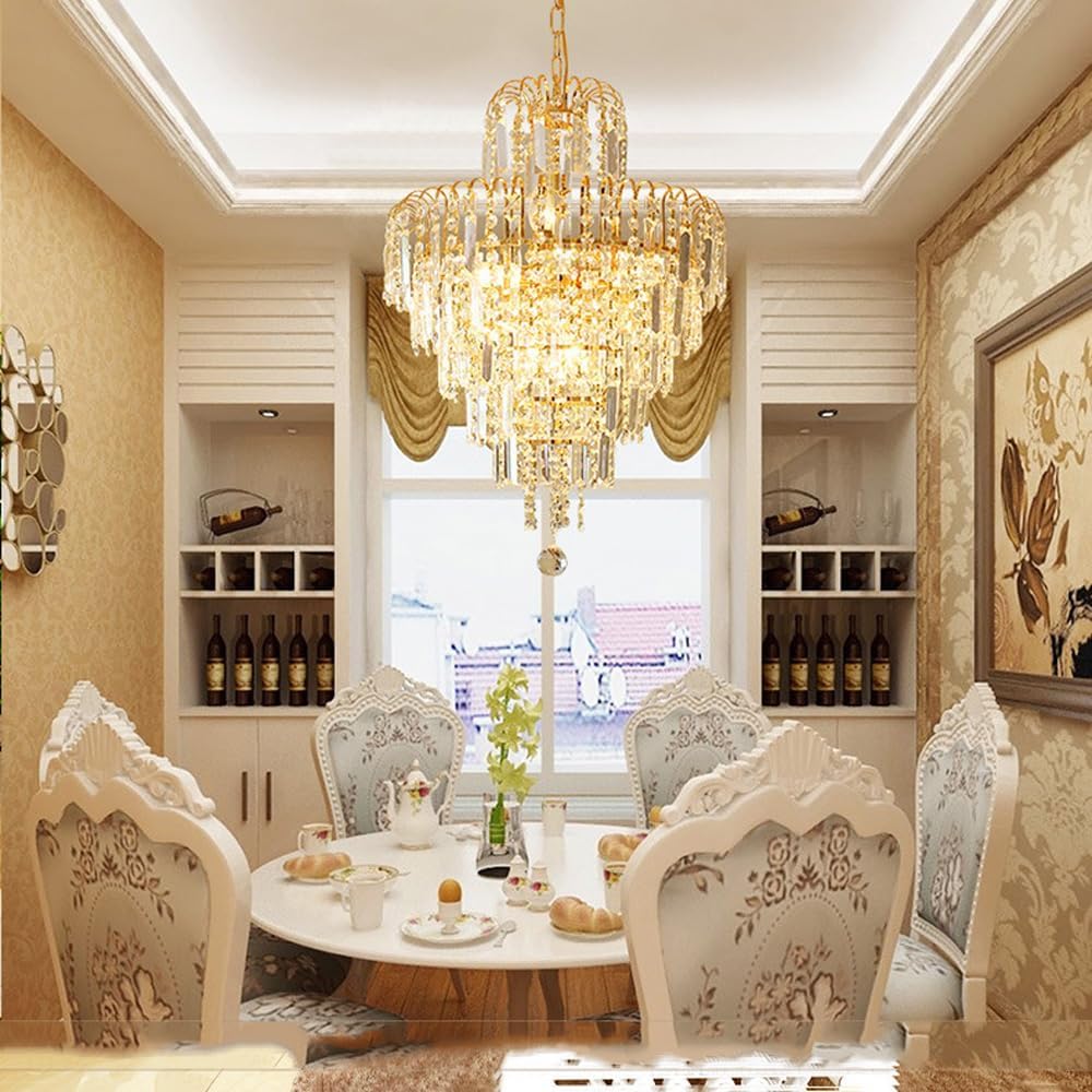 Large Gold Crystal Entry Round Chandelier for Dining Room Bedroom Kitchen Island 2 Tier Fireplace Drop Ceiling Light