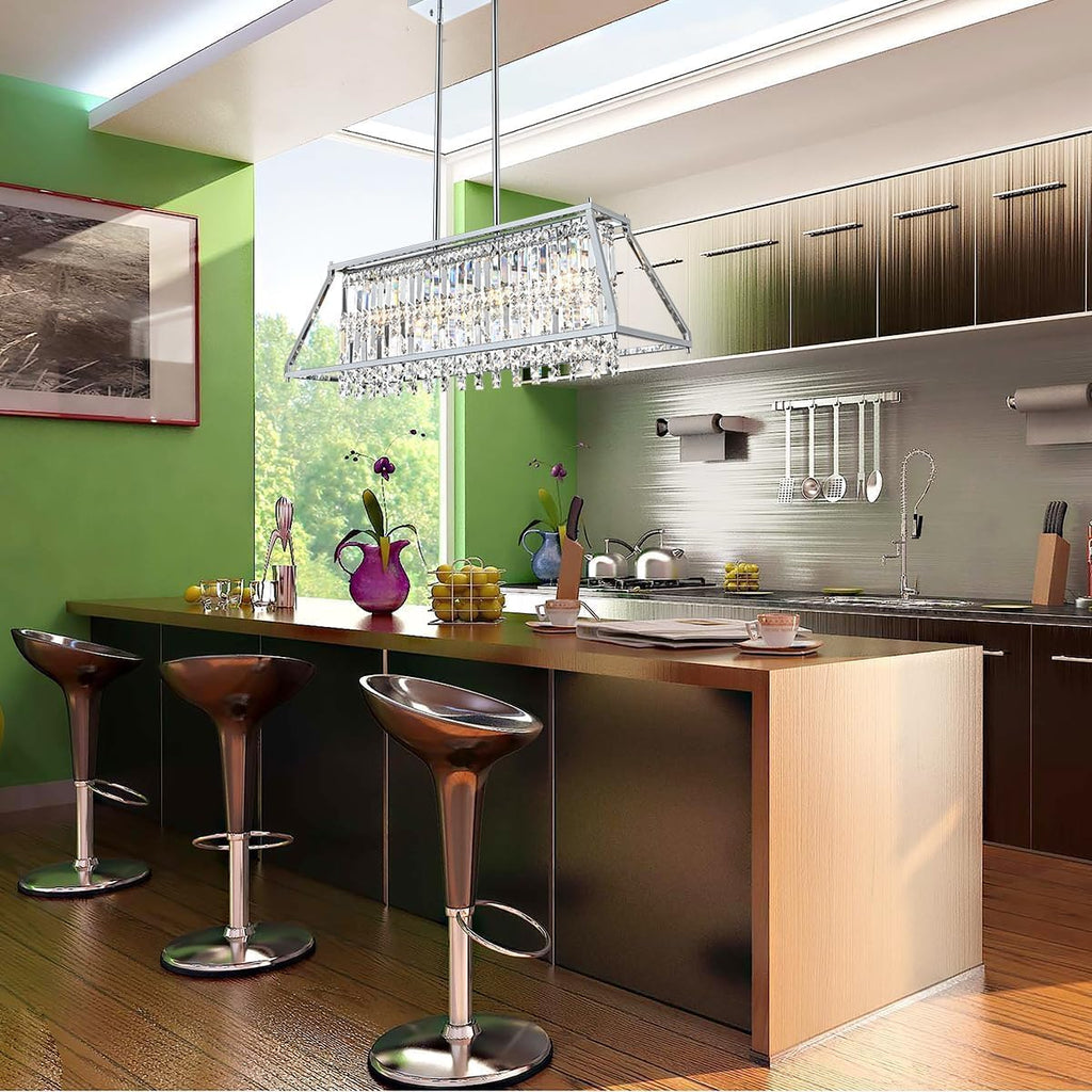 Maison Ornate Modern Rectangular Chrome Crystal Chandelier with K9 pendants, sleek chrome and faceted crystal design.