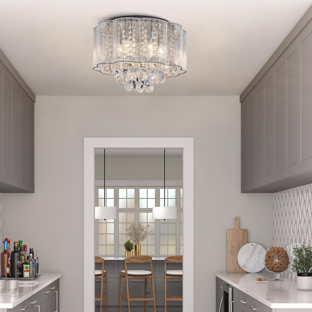 Maison Ornate Modern Round Metal Crystal Hallway Chandelier, elegant crystal and metal lighting fixture suspended overhead.
