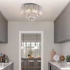 Maison Ornate Modern Round Metal Crystal Hallway Chandelier, elegant crystal and metal lighting fixture suspended overhead.