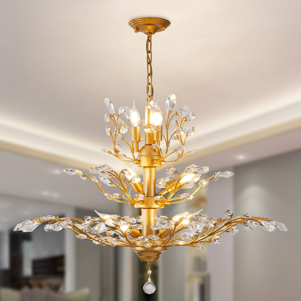 Gold, black, and silver vintage chandelier with leaf-shaped K9 crystals and layered metal branches.