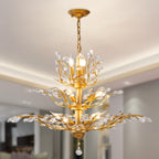 Gold, black, and silver vintage chandelier with leaf-shaped K9 crystals and layered metal branches.