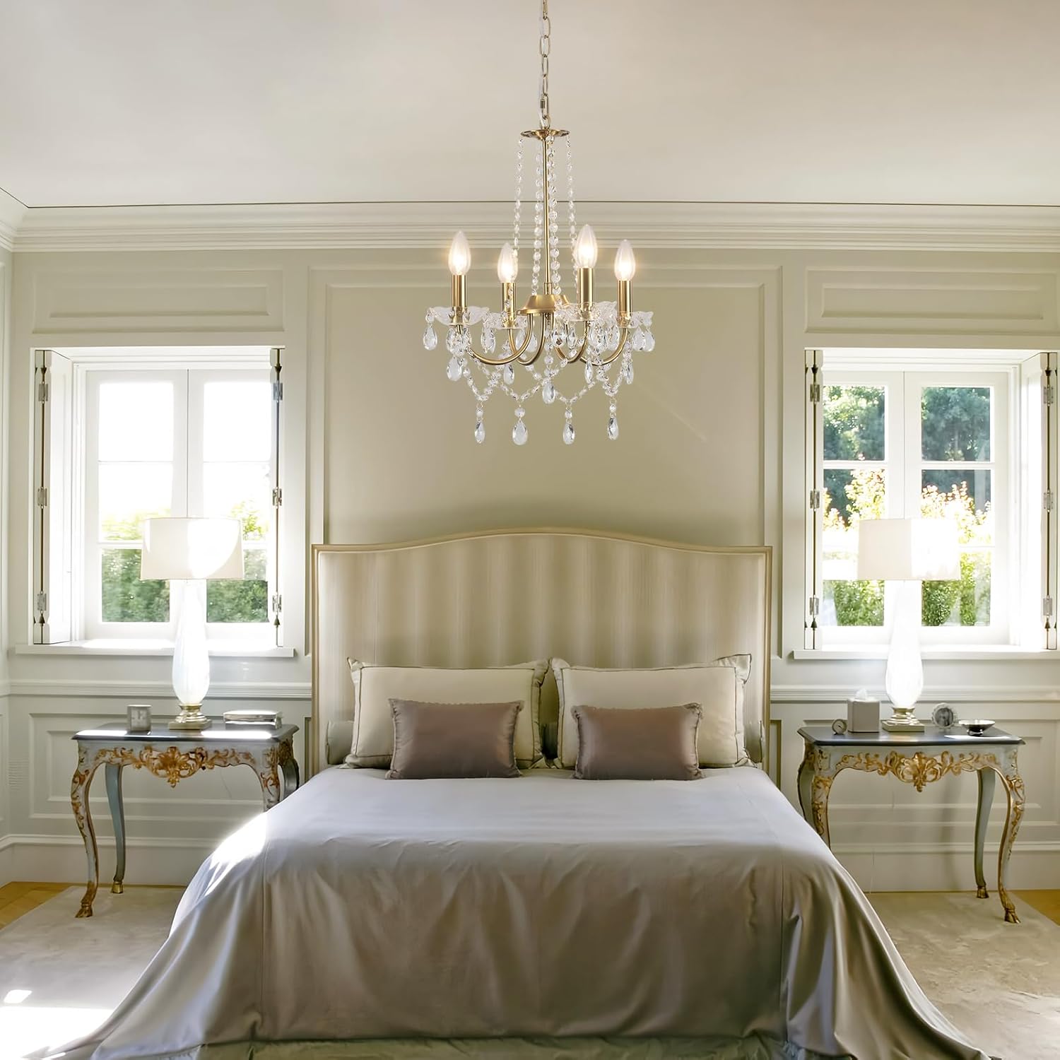 Maison Ornate Adjustable Vintage Style Crystal Bedroom Chandelier with intricate crystal details and metallic accents shines elegantly.