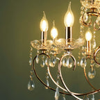 Maison Ornate Rose Gold Baroque Chandelier, 15 arms, glass candle bulbs, crystal ornaments.