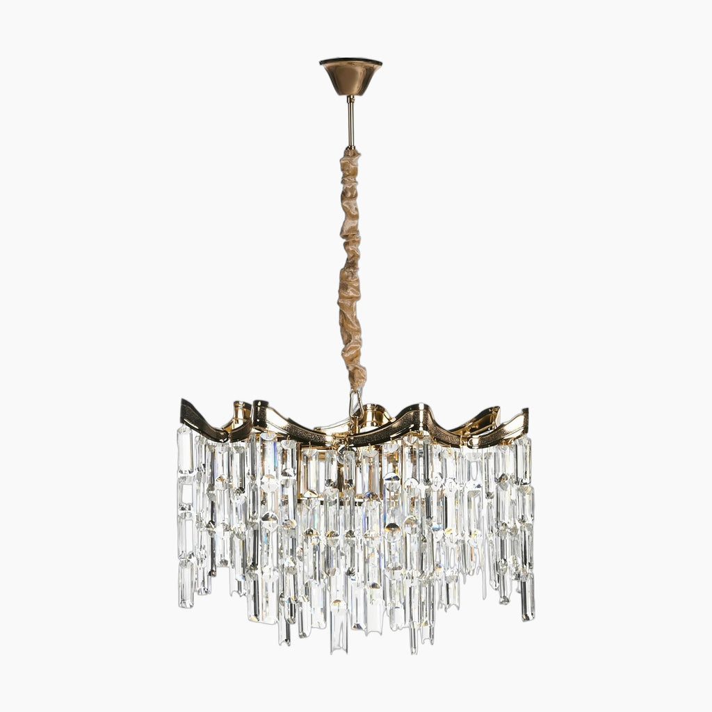 Tiered chandelier with gold frame, acrylic crystal prisms, and brown fabric-wrapped cord for elegance.