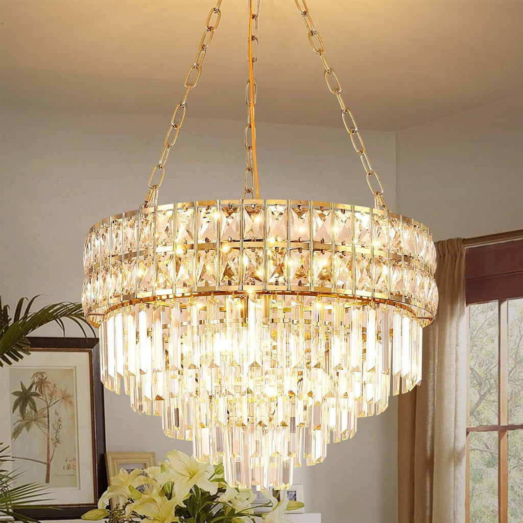 Maison Ornate Golden Lustre Chandelier with two tiers of K9 crystal prisms, round design.