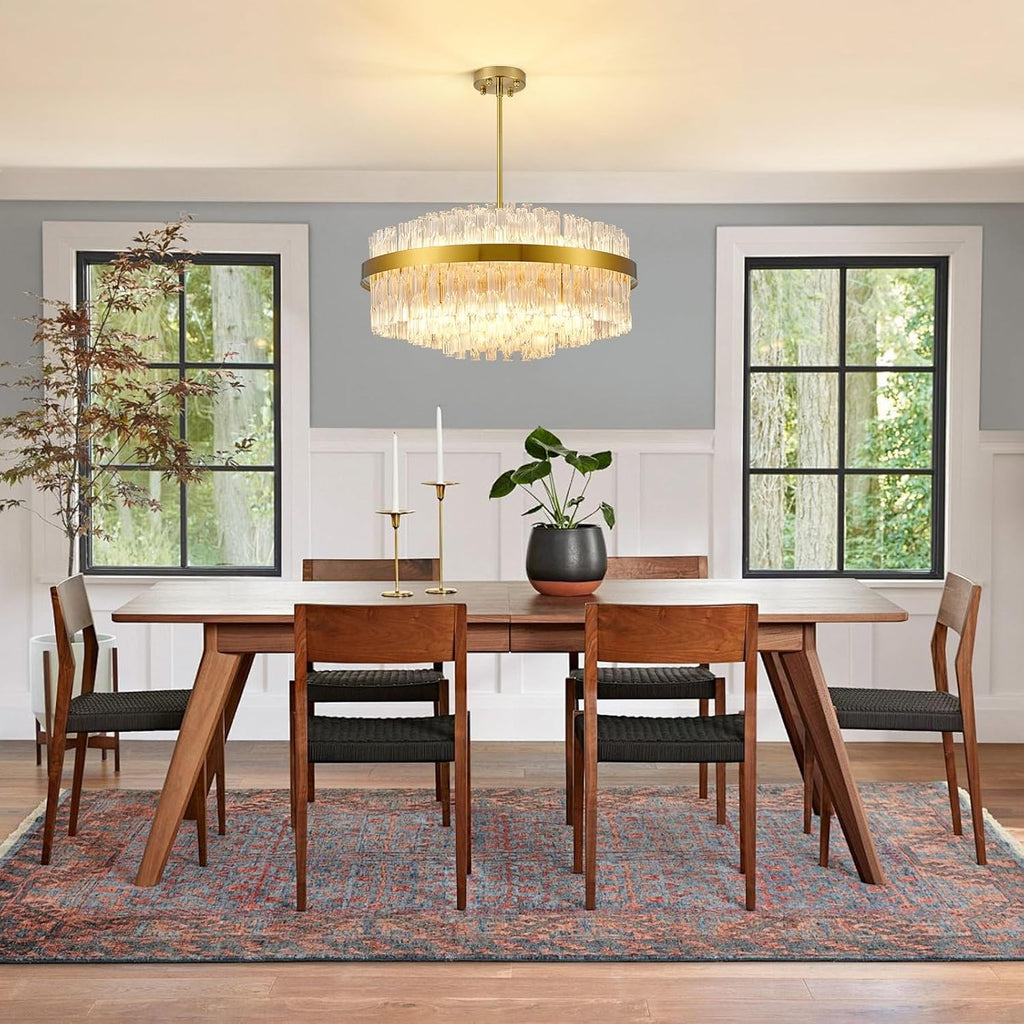 Maison Ornate Modern Round Metal Crystal Chandelier with intricate detailing and sparkling crystal accents.
