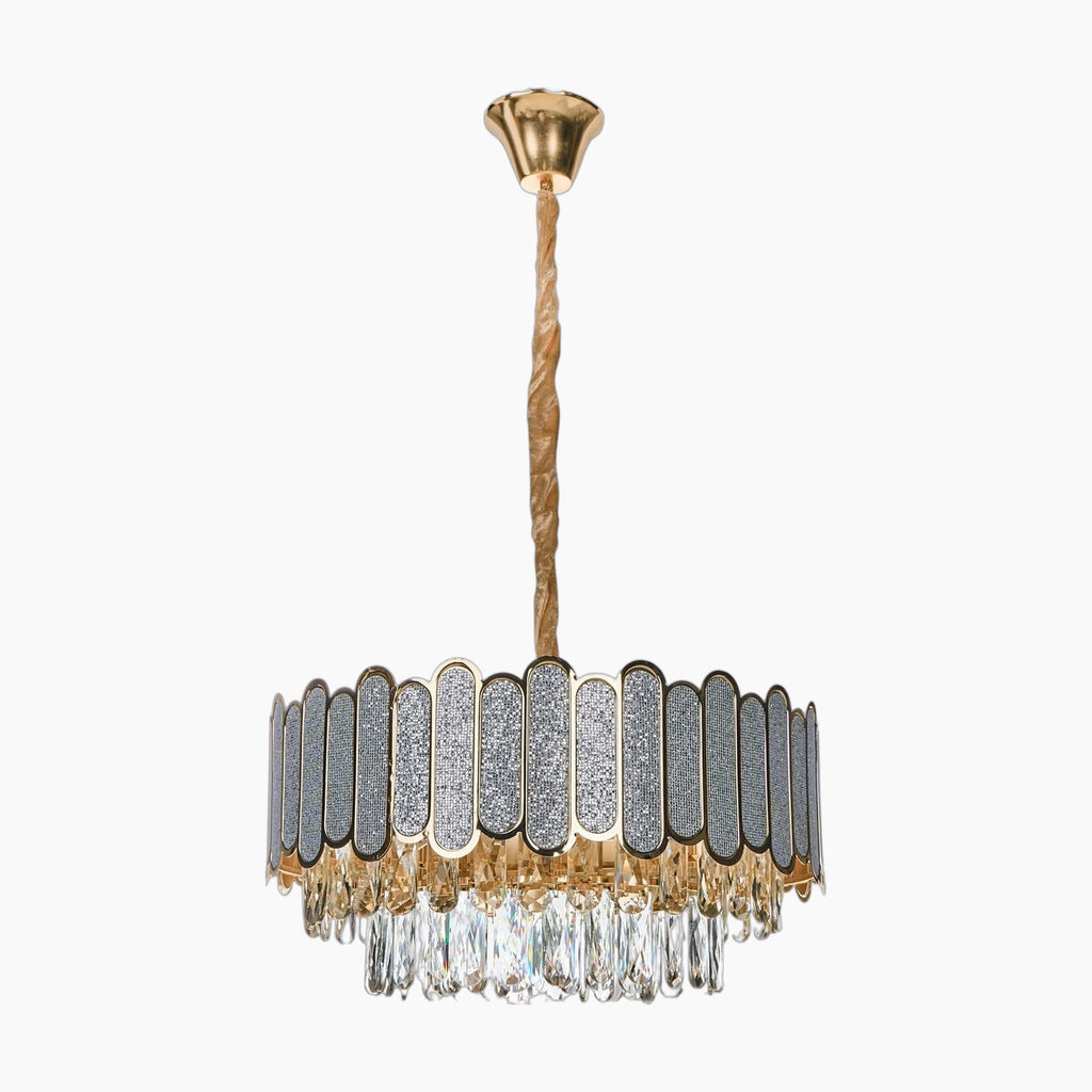 Elegant brass chandelier with gold rod, oval panels, and crystal glass pendants for illumination.