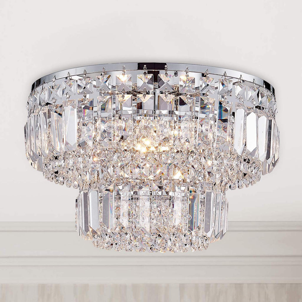 Two-tier modern gold chandelier with sparkling crystal prisms and LED lighting, elegant ceiling accent.