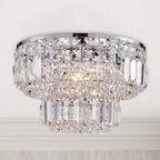 Two-tier modern gold chandelier with sparkling crystal prisms and LED lighting, elegant ceiling accent.