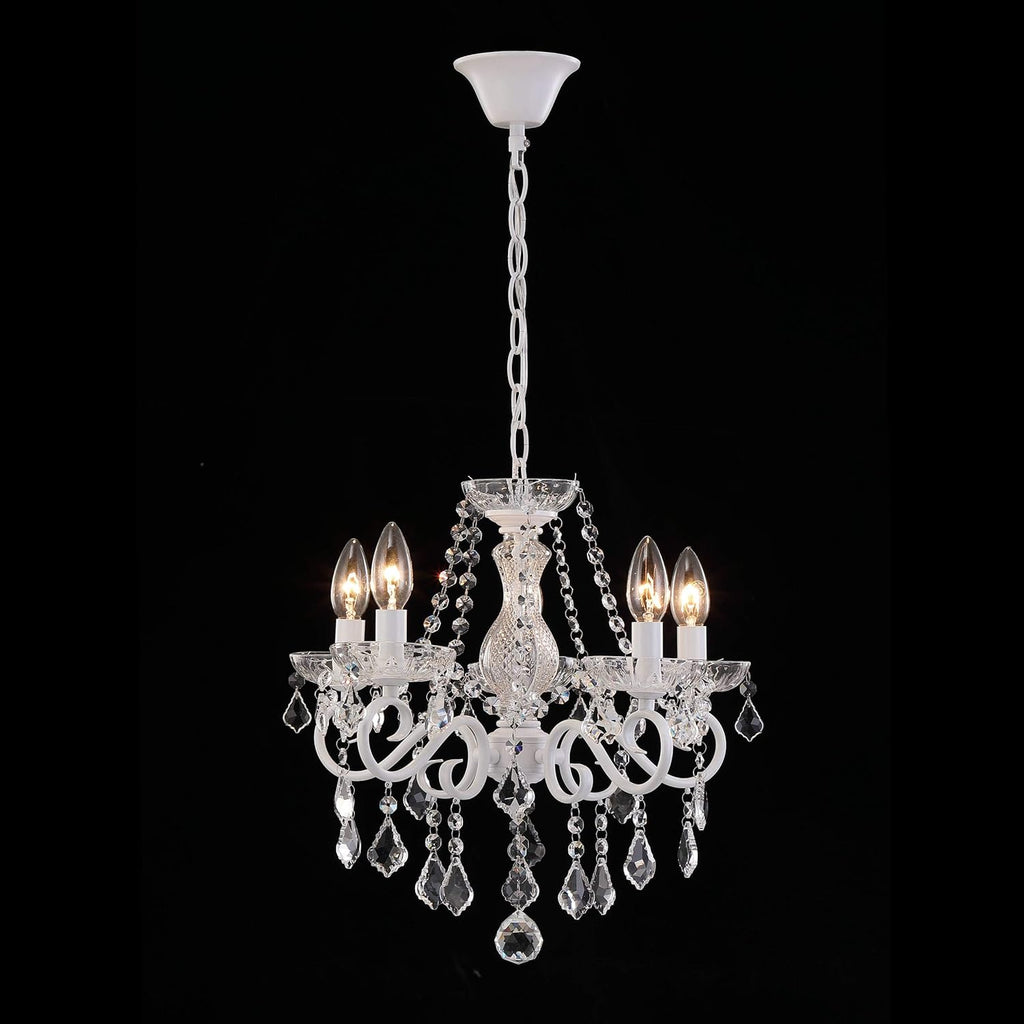 Ornate crystal and metal chandelier with five candle lights, beads, adjustable height, chain mount.