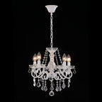 Ornate crystal and metal chandelier with five candle lights, beads, adjustable height, chain mount.