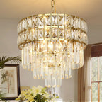 Maison Ornate Gold Stainless Steel Chandelier with two tiers of K9 crystal prisms, modern design.