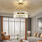 Maison Ornate Golden Crystal Round Modern Adjustable LED Pendant chandelier with soft, radiant illumination.