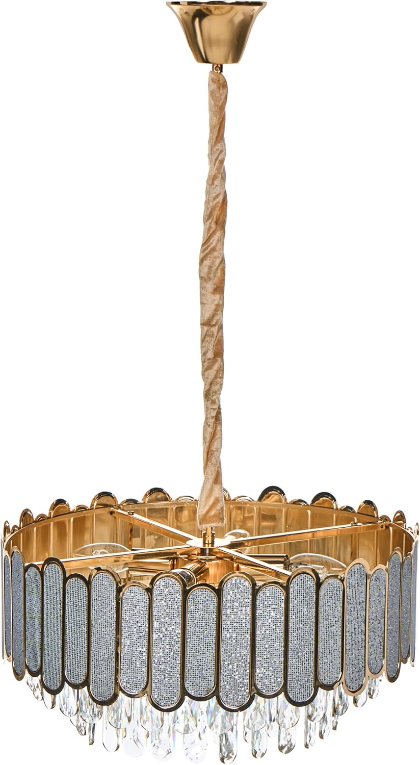 Round brass chandelier with glass panels, silver accents, and hanging crystals on a gold rod.