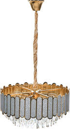 Round brass chandelier with glass panels, silver accents, and hanging crystals on a gold rod.