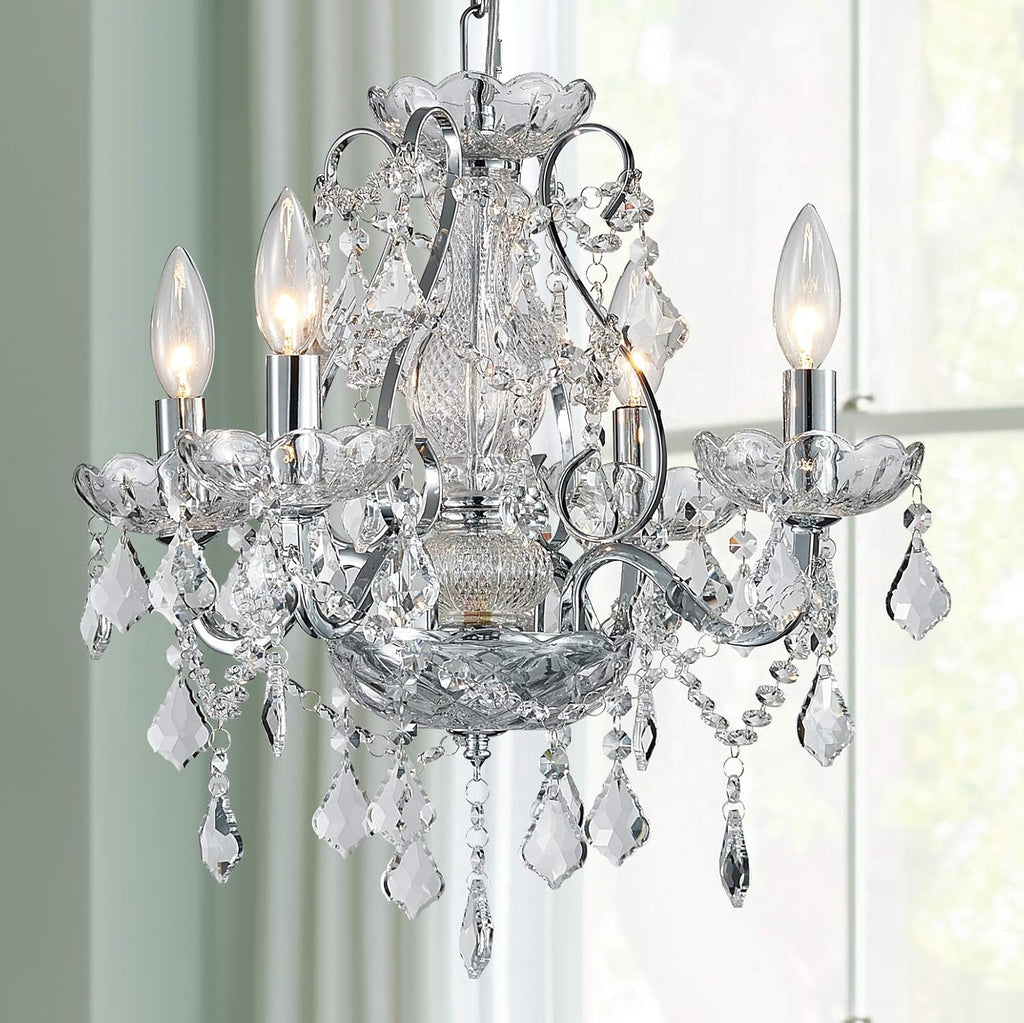 Chrome chandelier with five candle lights, glass arms, and crystal pendants for a luxurious look.