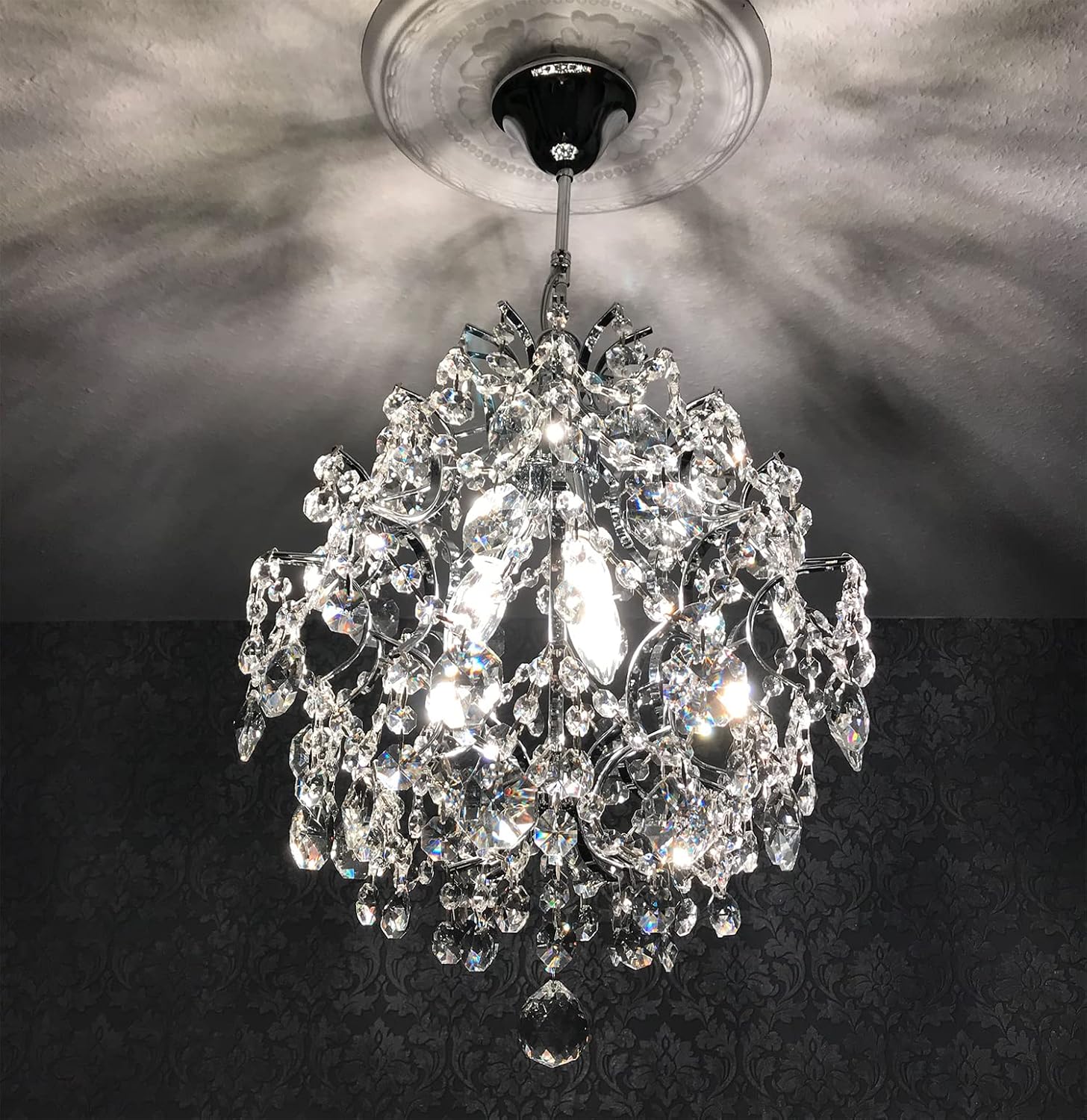 Maison Ornate Crystal Ball Chandelier with three drop shades, intricate crystal design, ceiling-mounted.