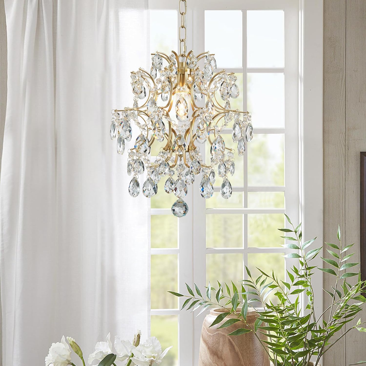 BESTIER Modern gold chandelier crystal raindrops lighting ceiling light dining room bathroom bedroom living room 1 E27 bulb required d32cm x h40cm